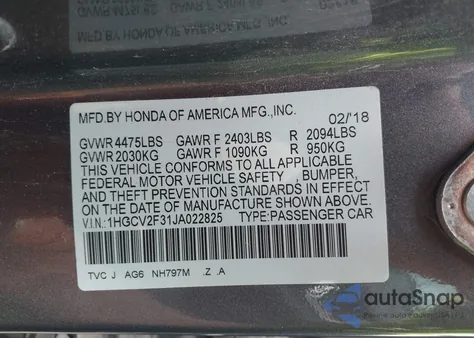 2018 Honda Accord Sport 2.0T z USA, uszkodzony, nr VIN 1HGCV2F31JA022825